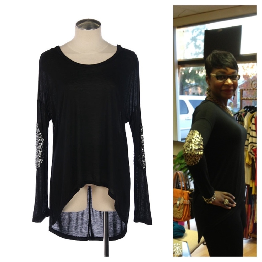 Black Sequin Patch Elbow Hi-low top
